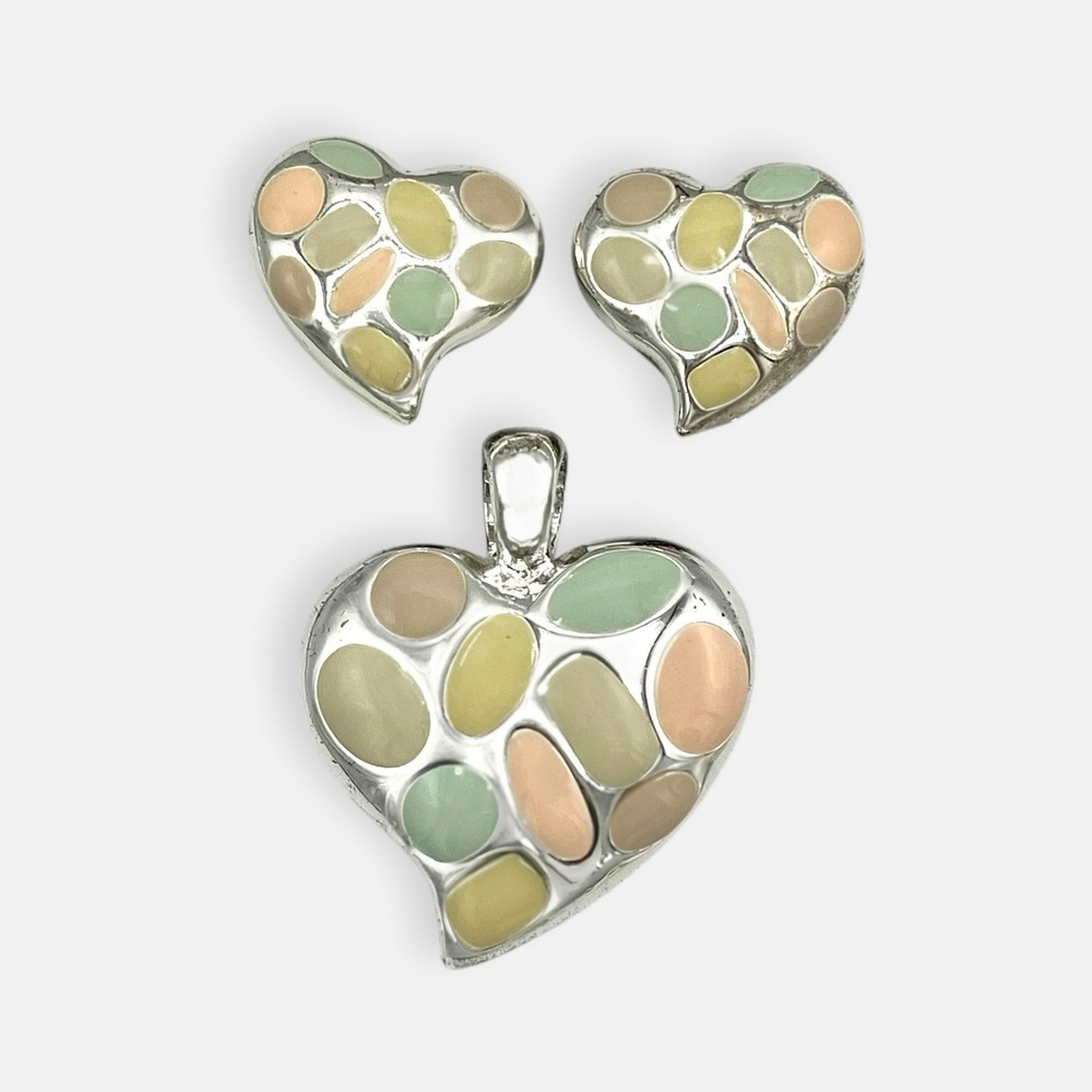 Silver Enamel‎ Heart Pendant Clip On Earrings Set Pastel Peach Green Beige